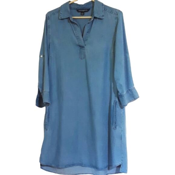 Women Sz S Chambray Blue Fairy Grunge Tencel Soft Pockets V-Neck Casual Dress - Picture 1 of 13